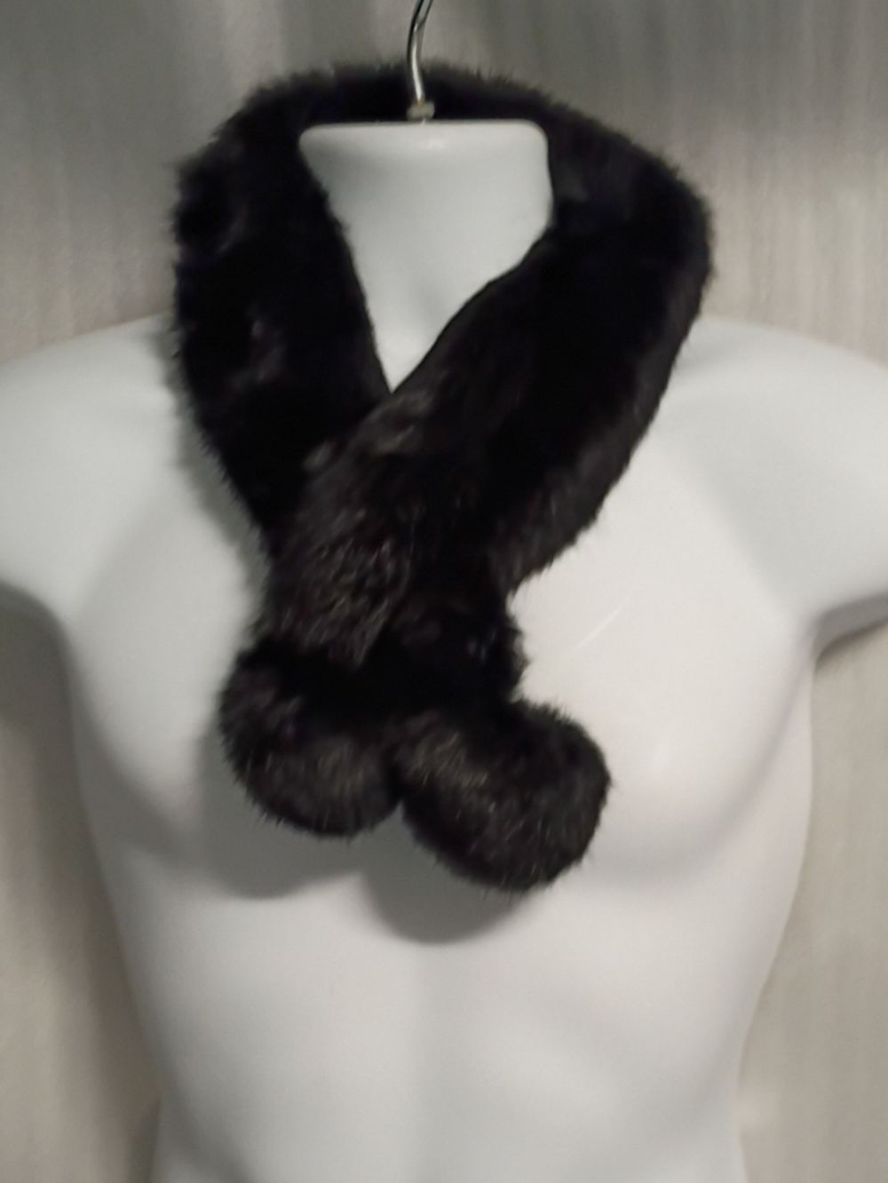 Black Rabbit Fur Scarf with Pom Details - Women Accessories